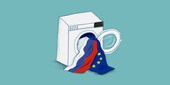 Illustration einer Waschmaschine, in der TRommel liegen eine EU- und eine Russlandfahne
