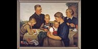 Gemälde: Vater Mutter Oma und 3 Kinder an einem Tisch.